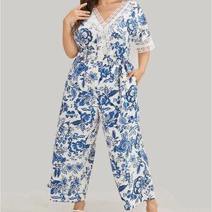 BloomChic Blue and White Floral Lace-Trim Jumpsuit